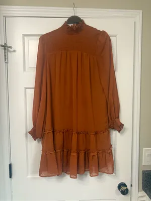 CeCe Rust Smocked High-Neck Tiered Long-Sleeve Dress thumbnail 4