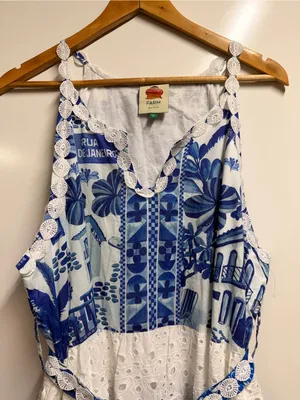 Farm Rio 100% cotton white blue tired maxi dress size xl thumbnail 5