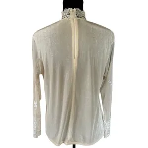 Sheer Lace High Neck Blouse Ivory Embroidered Korea Vintage Style Medium thumbnail 7