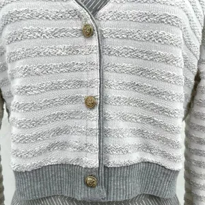 Maison Jules Sweater Gray Striped Cropped Knit Cardigan Coastal Academia Preppy thumbnail 3
