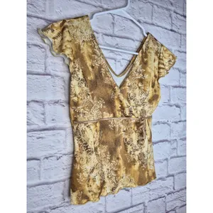 Vtg Y2K Rave Faux Wrap Top Brown Floral Lettuce Hem Whimsigoth Cap Sleeve M Knit thumbnail 3