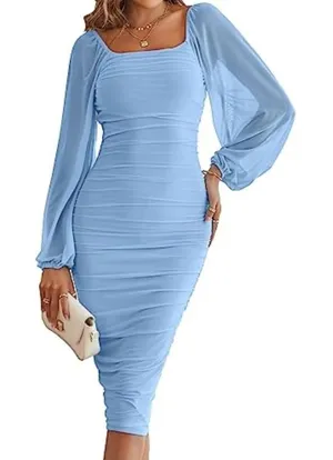 Sheer Light Blue Long-Sleeve Zesica Dress thumbnail 1