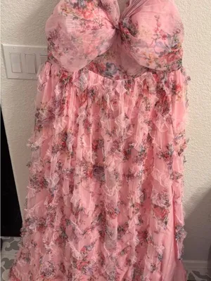 Feariesty Pink Floral Ruffle Strapless Formal Dress thumbnail 1