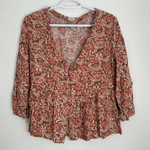 O’Neill pink and brown tropical floral peplum button blouse 3/4 sleeve size M thumbnail 1