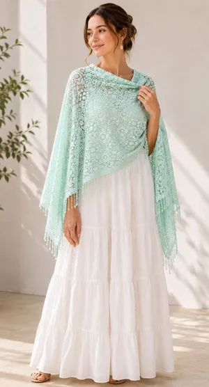 NWT Alberto Makali Mint Green‎ Lace Poncho Fringe Cape Boho Festival Sheer M thumbnail 1