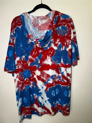 LuLaRoe Frankie Red, Blue & White Abstract Tie-Dye Short Sleeve Hoodie thumbnail 5