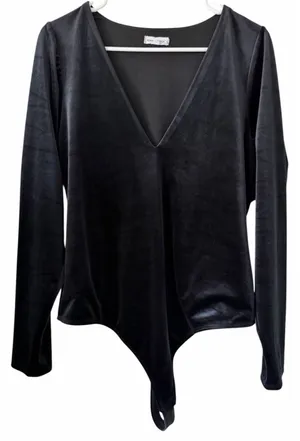 Good American Plunge Neck‎ Velvet Long Sleeve Bodysuit Black Women's Size 4 thumbnail 1