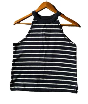 Aerie Womens Halter Neck French Terry Tank Top XS Blue/White Stripe Pullover thumbnail 1