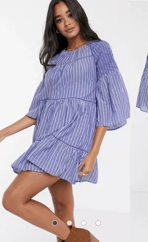 Free People Lola Boho Striped Tiered Dress Chambray Blue Embroidered Lagenlook‎ thumbnail 1