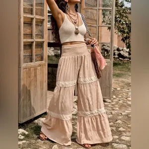 Boutique Boho Chic Crochet Lace Tiered Wide Leg Textured Palazzo Pants Coastal Cowgirl L thumbnail 5