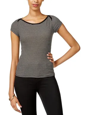 NWT Polly & Esther Juniors Striped Scoop-Neck Skimmer T-Shirt Black Stripe S thumbnail 1