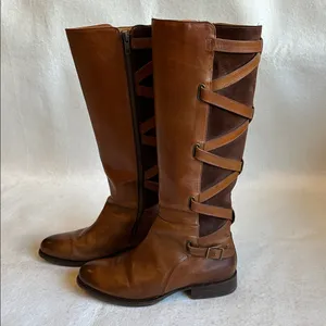 Frye Brown Leather Knee-High Boots with Suede criss cross accents size 8.5 thumbnail 6