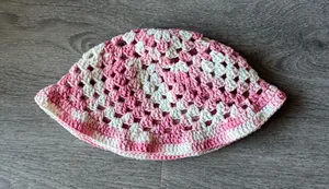 Handmade Crochet Pink & White Bucket Hat thumbnail 1