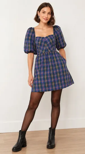 Old Navy Puff-Sleeve Blue Plaid Fit & Flare Taffeta Mini Dress Large Preppy Work thumbnail 1