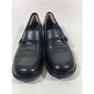 Clarks Leather Loafers Women 8 Black Silver Ring Detail Low Block‎ Heel Slip On thumbnail 2