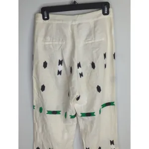 Zara White‎ & Green Geometric Embroidered Linen Pants Small Coastal Bohemian thumbnail 9