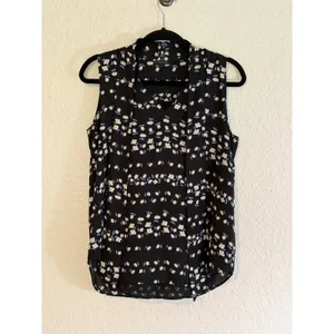 Ann Taylor Blouse Black S Women Floral Tie Neck LayeringSleeveless Office Casual thumbnail 7