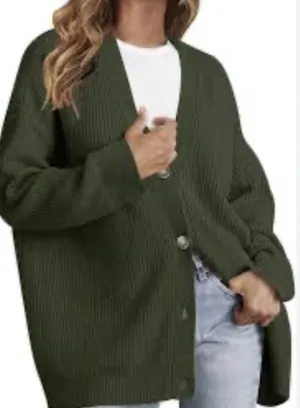 MEROKEETY Olive Green Ribbed V-Neck Cardigan Sweater thumbnail 1
