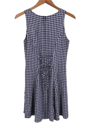 Vintage Y2K My Michelle Navy and White Gingham Rayon Lace-Up Back Dress Size 7/8 thumbnail 5