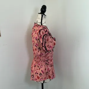 Maeve Anthropologie Anisa Perfume Floral Smocked Peplum Top Pink S Velvet Trim thumbnail 2