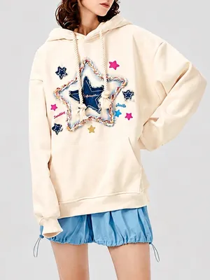 Elfric Eden Star Graphic Hoodie Cream Fleece Y2K Streetwear M thumbnail 1