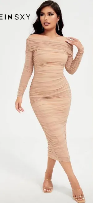 SHEIN Tan Ruched Long Sleeve Bodycon Dress thumbnail 1
