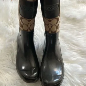 Coach Womens Brown Beige Logo Lace-Up Round Toe Rain Boots Size 6B thumbnail 2