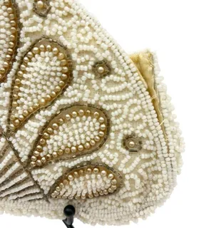 Vintage Hand Beaded Art Deco Clutch Wristlet Half Moon Shell Shape Ivory Bell thumbnail 4