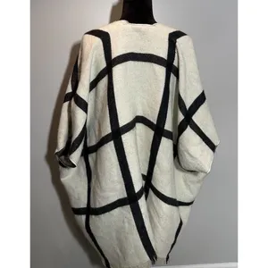 LOFT Poncho Cape Knit Sweater Ivory/Black Windowpane Check Acrylic Size M/L thumbnail 3