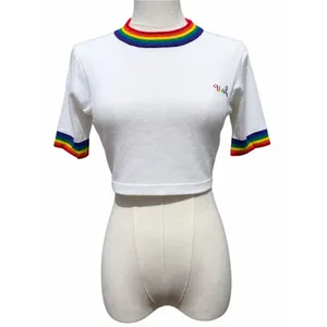 UNIF Rainbow Trim Cropped Tee Women’s Small White Embroidered Logo Y2K Festival thumbnail 3