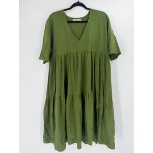 Thinking Mu‎ Fresia Dress Women's L Green Hemp Tencel Tiered Midi Lagenlook Boho thumbnail 2