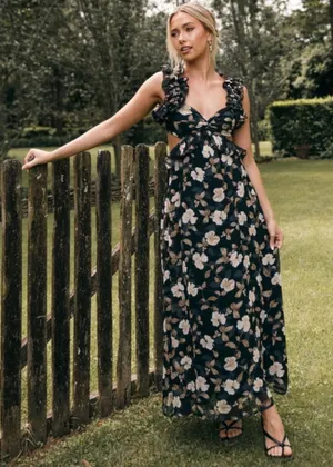 Petal & Pup Lucah Dress Size Large Frill Floral Maxi Wedding Formal Cocktail Blk thumbnail 1