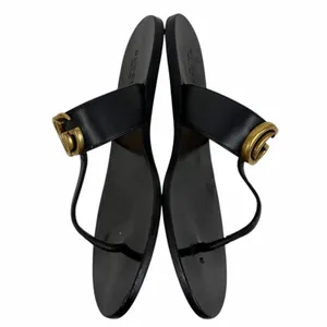 Gucci Black Leather Thong Sandal Gold Double G Logo Size 36.5 thumbnail 7