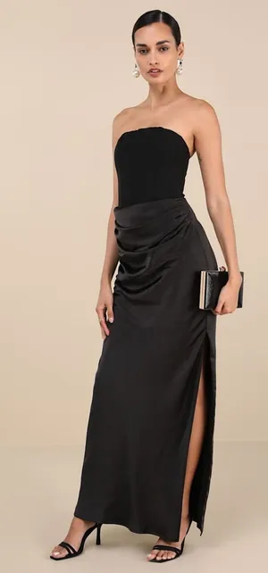 NWT Lulus Mella Black Mixed Media Strapless Maxi Dress Bridesmaid Banquet Sz XS thumbnail 1