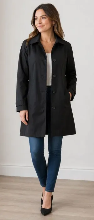 Larry Levine SPORT Trench Coat Rain Jacket Womens Small Black Lined Button Close thumbnail 1