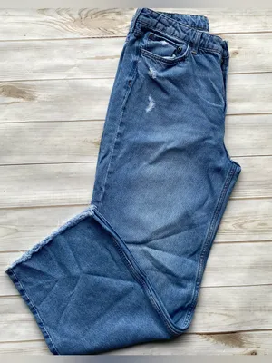 H&M ultra high waist wide leg denim jeans medium wash raw frayed hems 12 thumbnail 6
