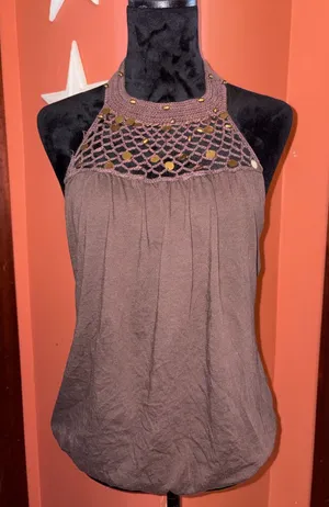Decree-Y2K Crochet Yoke Halter Tank Top - Brown thumbnail 1