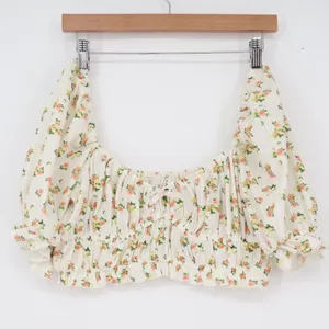 For Love & Lemons Floral Pointelle Puff Sleeve Crop Top Cream L thumbnail 2
