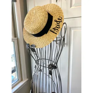 Bride Custom Wicker Straw Hat w/ Black Bow Hand Painted Vynl thumbnail 5