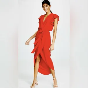 Amanda‎ Uprichard Red Martinique Midi Dress Ruffle Sleeve Tulip Hem Belt MEDIUM thumbnail 2