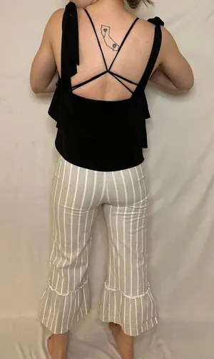 English Factory Gray Striped Ruffle Cropped Bell Bottom Linen Pants - XS thumbnail 7