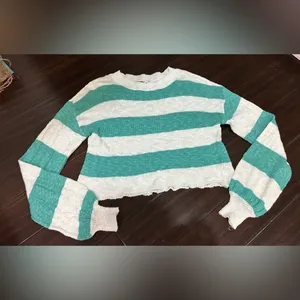 Beach Riot Teal and White Knit Sweater Bell Sleeve XS thumbnail 4
