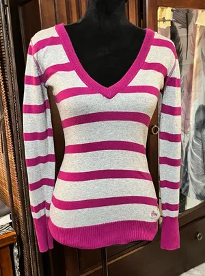 Aeropostale Gray and Pink Striped V-neck sweater thumbnail 1