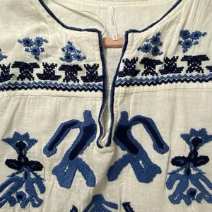 Free People Mini Dress Medium White Embroidered Blue Boho Cinch Artsy Beachy thumbnail 14