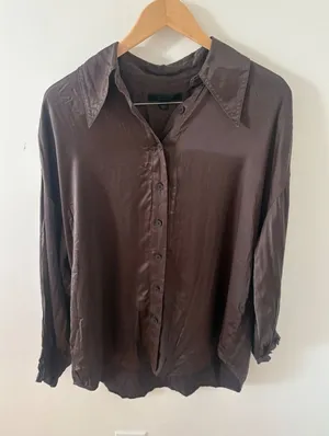 AllSaints Brown Silk Blend Button Down Blouse Smocked Cuff Top US 2 thumbnail 1