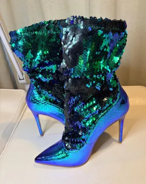 Liliana Iridescent Blue-Green Sequin Pointed Stiletto Boots thumbnail 1