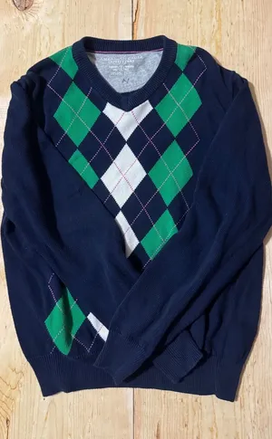 American Eagle Outfitters Navy Blue Argyle V-Neck‎ Cotton Sweater Womens Medium thumbnail 1