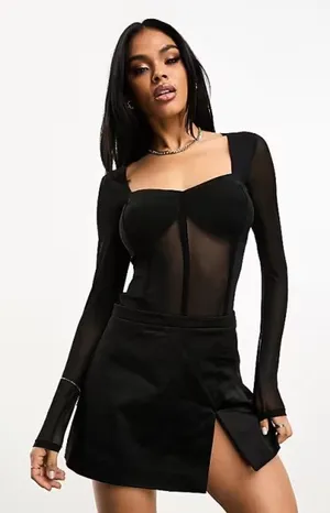 ASOS DESIGN Corset Style Sweetheart Neck Mesh Bodysuit Black Size 4 thumbnail 1