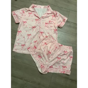 NIB Pink Bow and Heart Print Satin Pajama Set Short Sleeve Button Down Shorts S thumbnail 7