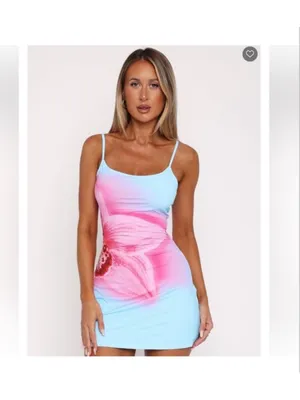 White Fox Boutique Maybe Later Hibiscus Splash Bodycon Mini Dress Blue- Size XL thumbnail 4